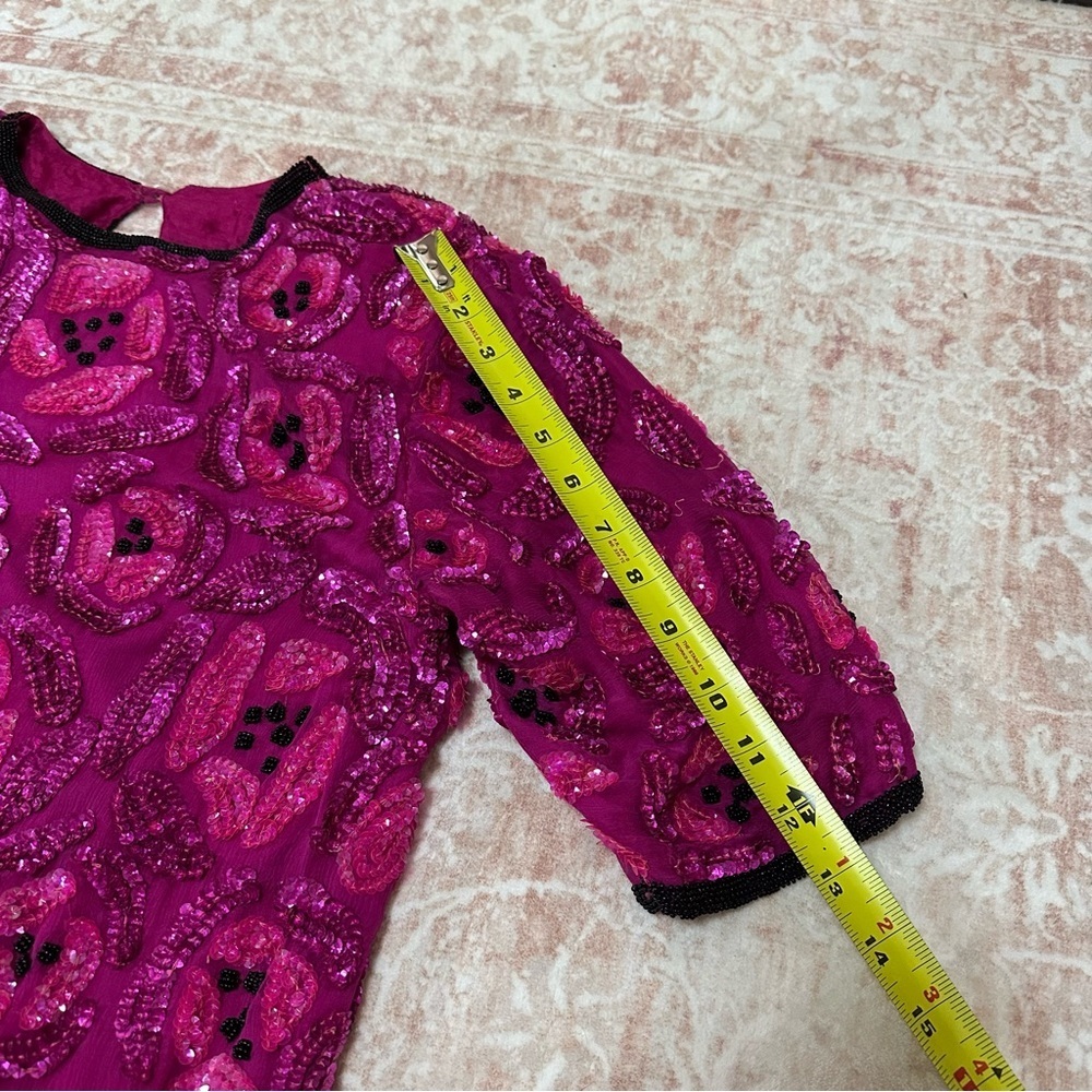 Vintage 100% Silk Beaded Camellia Sequins Pink Top - Picture 14 of 16